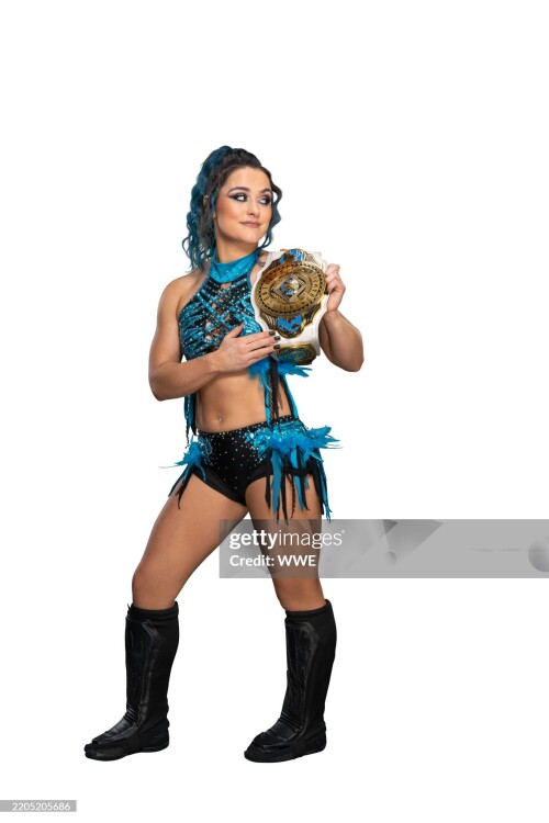 DALLAS, TEXAS- JANUARY 20: (EDITOR'S NOTE: Image has been retouched.) WWE Women's Intercontinental Champion Lyra Valkyria poses for photos on January 20, 2025 in Dallas, Texas.  (Photo by Heather McLaughlin/WWE via Getty Images)