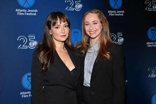 ATLANTA, GEORGIA - FEBRUARY 19: Milana Vayntrub and Meghan Leathers attend the 25th Atlanta Jewish Film Festival "Bad Shabbos" opening night premiere at Cobb Energy Performing Arts Centre on February 19, 2025 in Atlanta, Georgia. (Photo by Derek White/Getty Images)