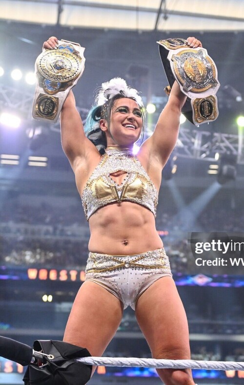 LAS VEGAS, NEVADA - APRIL 20: Lyra Valkyria celebrates her win during WrestleMania 41 Sunday at Allegiant Stadium on April 20, 2025 in Las Vegas, Nevada. (Photo by Andrew Timms/WWE via Getty Images)
