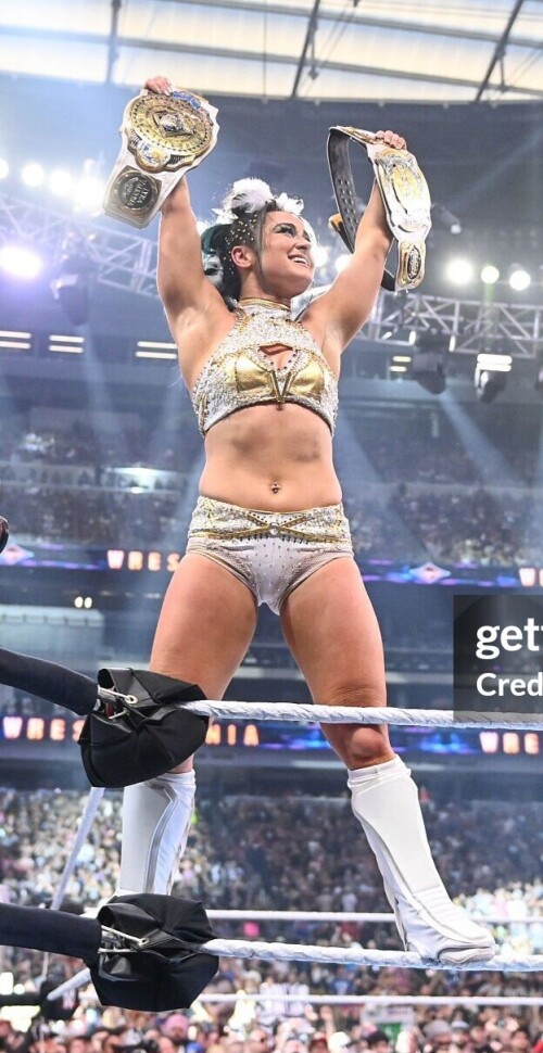LAS VEGAS, NEVADA - APRIL 20: Lyra Valkyria celebrates her win during WrestleMania 41 Sunday at Allegiant Stadium on April 20, 2025 in Las Vegas, Nevada. (Photo by Andrew Timms/WWE via Getty Images)
