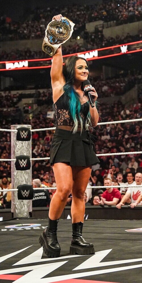 OMAHA, NEBRASKA - MAY 5: Lyra Valkyria faces off with  Becky Lynch during Monday Night RAW at CHI Health Center on May 5, 2025 in Omaha, Nebraska.  (Photo by Rich Frieda /WWE via Getty Images)
