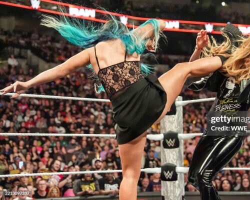 OMAHA, NEBRASKA - MAY 5: Lyra Valkyria in action against Becky Lynch  during Monday Night RAW at CHI Health Center on May 5, 2025 in Omaha, Nebraska.  (Photo by Craig Melvin /WWE via Getty Images)