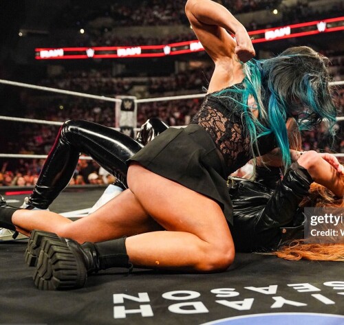 OMAHA, NEBRASKA - MAY 5: Lyra Valkyria in action against Becky Lynch during Monday Night RAW at CHI Health Center on May 5, 2025 in Omaha, Nebraska.  (Photo by Rich Frieda /WWE via Getty Images)