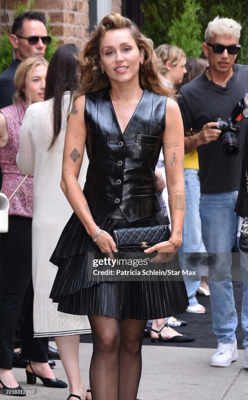 NEW YORK, NY - JUNE 6: Miley Cyrus arrives at the CHANEL Tribeca Festival Women's Luncheon to celebrate the "Through Her Lens" Program on June 06, 2025 in New York City.  (Photo by Patricia Schlein/Star Max/GC Images)