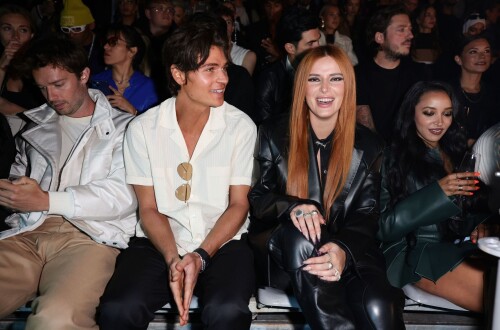 MILAN, ITALY - SEPTEMBER 22: (L-R) Patrick Arnold Schwarzenegger, William Peltz and Bella Thorne are seen on the front row of the Boss Fashion Show during the Milan Fashion Week Womenswear Spring/Summer 2023 on September 22, 2022 in Milan, Italy. (Photo by Andreas Rentz/Getty Images)