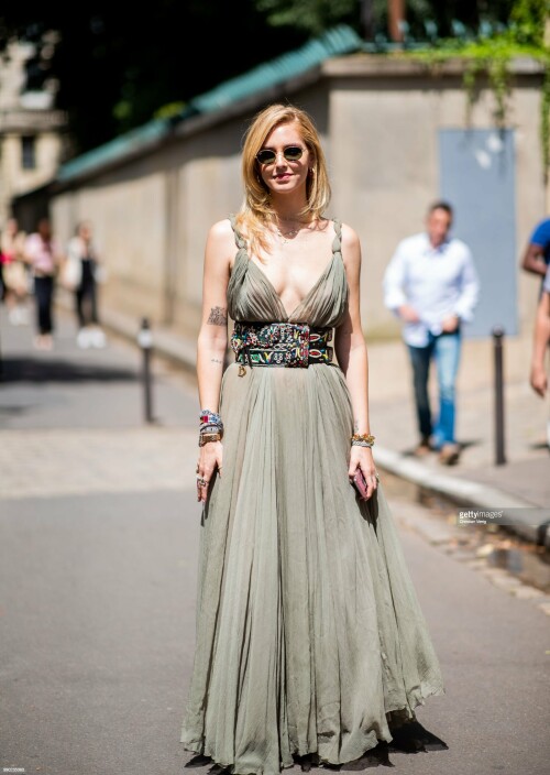 PARIS, FRANCE - JULY 02: Chiara Ferragni wearing olive dress is seen outside Dior on day two during Paris Fashion Week Haute Couture FW18 on July 2, 2018 in Paris, France. (Photo by Christian Vierig/Getty Images)