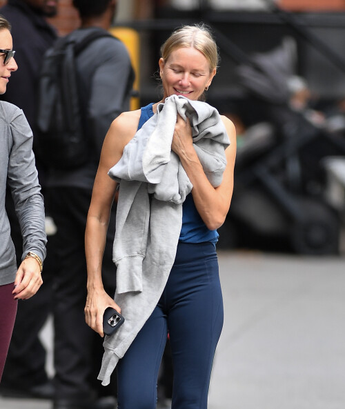 3 October 2024 - EXCLUSIVE.Naomi Watts meets up with a friend in New York City. The 56 year old actress wore a blue tank top, matching leggings, and black trainers.Credit: GoffPhotos.com   Ref: KGC-339/TIDNY-252**UK Sales Only - No Daily Mail Group/No Sun Group - Exclusive - Newspapers Allrounder - Magazines Double Space Rates - Web/Online Must Call Before Use**