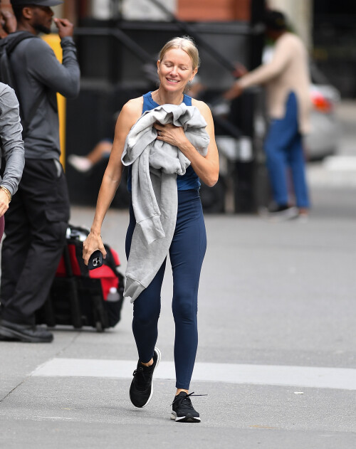 3 October 2024 - EXCLUSIVE.Naomi Watts meets up with a friend in New York City. The 56 year old actress wore a blue tank top, matching leggings, and black trainers.Credit: GoffPhotos.com   Ref: KGC-339/TIDNY-252**UK Sales Only - No Daily Mail Group/No Sun Group - Exclusive - Newspapers Allrounder - Magazines Double Space Rates - Web/Online Must Call Before Use**
