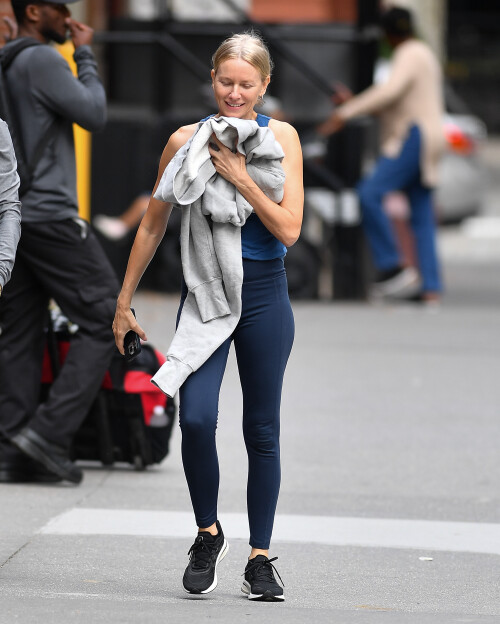 3 October 2024 - EXCLUSIVE.Naomi Watts meets up with a friend in New York City. The 56 year old actress wore a blue tank top, matching leggings, and black trainers.Credit: GoffPhotos.com   Ref: KGC-339/TIDNY-252**UK Sales Only - No Daily Mail Group/No Sun Group - Exclusive - Newspapers Allrounder - Magazines Double Space Rates - Web/Online Must Call Before Use**
