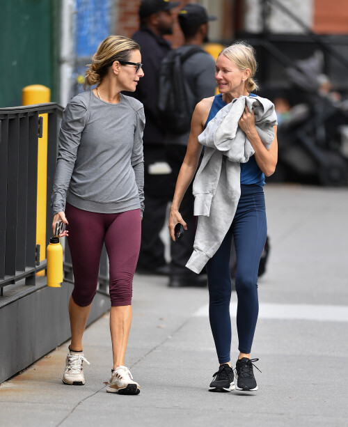 3 October 2024 - EXCLUSIVE.Naomi Watts meets up with a friend in New York City. The 56 year old actress wore a blue tank top, matching leggings, and black trainers.Credit: GoffPhotos.com   Ref: KGC-339/TIDNY-252**UK Sales Only - No Daily Mail Group/No Sun Group - Exclusive - Newspapers Allrounder - Magazines Double Space Rates - Web/Online Must Call Before Use**