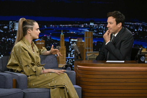 THE TONIGHT SHOW STARRING JIMMY FALLON -- Episode 1689 -- Pictured: (l-r) Actress Cara Delevingne during an interview with host Jimmy Fallon on Wednesday, July 27, 2022 -- (Photo by: Todd Owyoung/NBC)