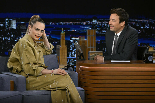 THE TONIGHT SHOW STARRING JIMMY FALLON -- Episode 1689 -- Pictured: (l-r) Actress Cara Delevingne during an interview with host Jimmy Fallon on Wednesday, July 27, 2022 -- (Photo by: Todd Owyoung/NBC)