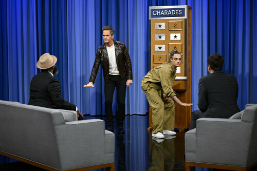 THE TONIGHT SHOW STARRING JIMMY FALLON -- Episode 1689 -- Pictured: (l-r) Tariq Black Thought Trotter, actor Neil Patrick Harris, actress Cara Delevingne, and host Jimmy Fallon play Charades on Wednesday, July 27, 2022 -- (Photo by: Todd Owyoung/NBC)