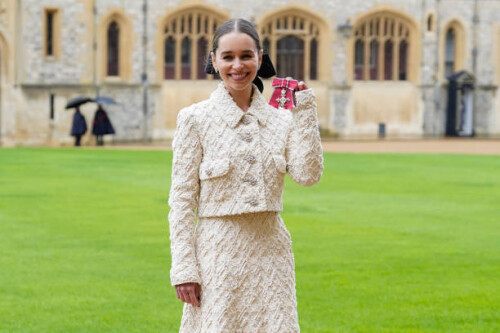 WINDSOR, ENGLAND - FEBRUARY 21: Emilia Clarke, Co-Founder and Trustee, SameYou, after being made a Member of the Order of the British Empire during an investiture ceremony at Windsor Castle, on February 21, 2024 in Windsor, England. (Photo Andrew Matthews - Pool/Getty Images)
