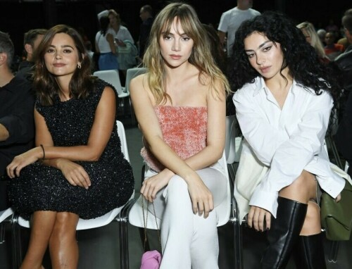 LONDON, ENGLAND - SEPTEMBER 16: (L to R) Jenna Coleman, Suki Waterhouse and Charli XCX attend the JW Anderson show during London Fashion Week September 2023 at The Roundhouse on September 16, 2023 in London, England. (Photo by Jed Cullen/Dave Benett/Getty Images)