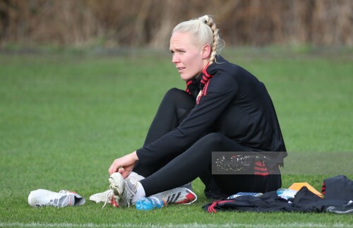 MANCHESTER, ENGLAND - FEBRUARY 09: (EXCLUSIVE COVERAGE) Maria Thorisdottir of Manchester United Women in action during a training session at Carrington Training Ground on February 09, 2022 in Manchester, England. (Photo by Tom Purslow/Manchester United via Getty Images)