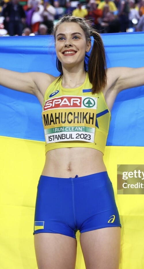 ISTANBUL, TURKEY - MARCH 05: Yaroslava Mahuchikh of Ukraine celebrates after winning the Women's High Jump Final during Day 3 of the European Athletics Indoor Championships at the Atakoy Arena on March 05, 2023 in Istanbul, Turkey. (Photo by Michael Steele/Getty Images)