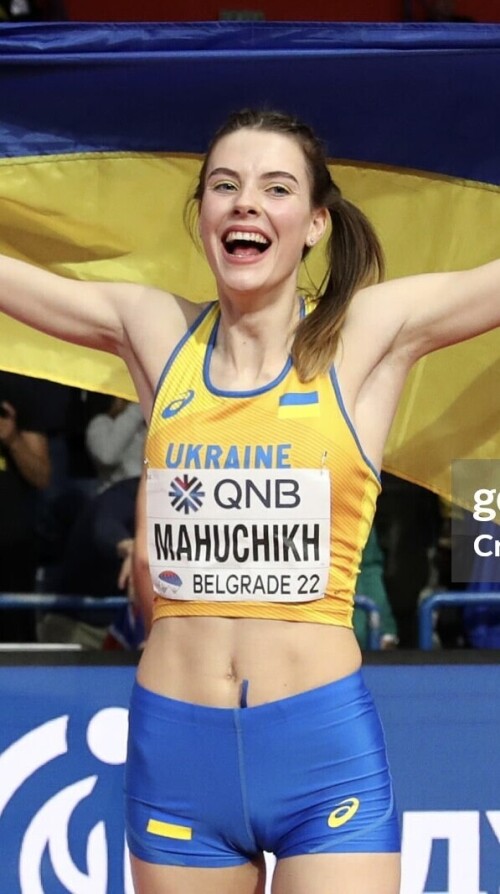 BELGRADE, SERBIA - MARCH 19: Yaroslava Mahuchikh of Ukraine UKR celebrates after winning the Women's High Jump on Day Two of the World Athletics Indoor Championships Belgrade 2022 at Belgrade Arena on March 19, 2022 in Belgrade, Serbia. (Photo by Maja Hitij/Getty Images for World Athletics)
