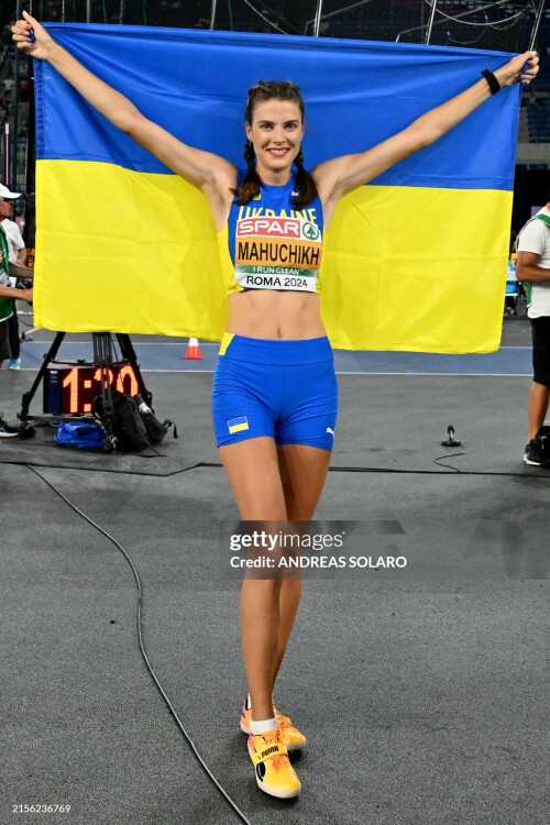 Ukraine's athlete Yaroslava Mahuchikh celebrates winning gold medal in the women's high jump final during the European Athletics Championships at the Olympic stadium in Rome on June 9, 2024. (Photo by Andreas SOLARO / AFP) (Photo by ANDREAS SOLARO/AFP via Getty Images)