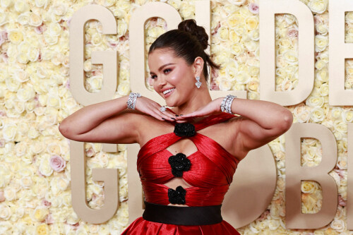 US actress and singer Selena Gomez arrives for the 81st annual Golden Globe Awards at The Beverly Hilton hotel in Beverly Hills, California, on January 7, 2024. (Photo by Michael TRAN / AFP) (Photo by MICHAEL TRAN/AFP via Getty Images)