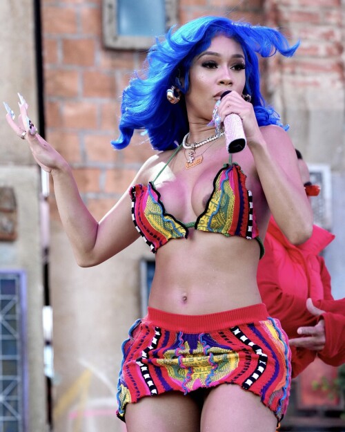 INDIO, CALIFORNIA - APRIL 15: Saweetie performs with Anitta onstage at the Coachella Stage during the 2022 Coachella Valley Music And Arts Festival on April 15, 2022 in Indio, California. (Photo by Kevin Mazur/Getty Images for Coachella)