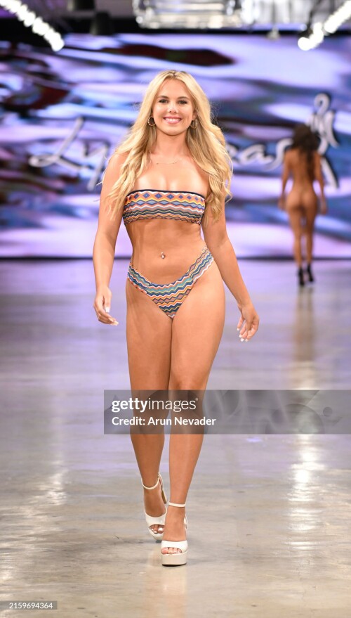 LOS ANGELES, CALIFORNIA - JUNE 27: A model walks the runway for Lybethras at LA Swim Week 2024 Powered By Art Hearts Fashion at The New Mart on June 27, 2024 in Los Angeles, California. (Photo by Arun Nevader/Getty Images for Art Hearts Fashion)