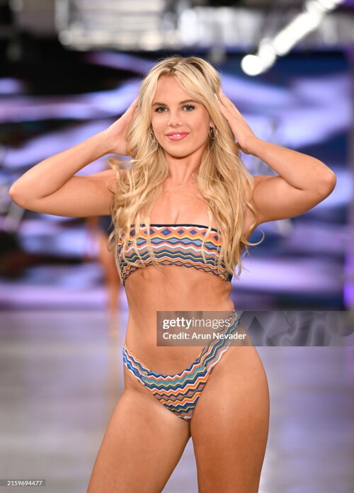 LOS ANGELES, CALIFORNIA - JUNE 27: A model walks the runway for Lybethras at LA Swim Week 2024 Powered By Art Hearts Fashion at The New Mart on June 27, 2024 in Los Angeles, California. (Photo by Arun Nevader/Getty Images for Art Hearts Fashion)