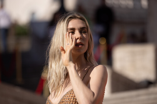 Vanessa Kirby (in a Miu Miu dress) attends the Red Carpet at the Global Premiere of Paramount Pictures' "Mission: Impossible - Dead Reckoning Part One" at The Spanish Steps on June 19, 2023 in Rome, Italy. Photo: Cinzia Camela.