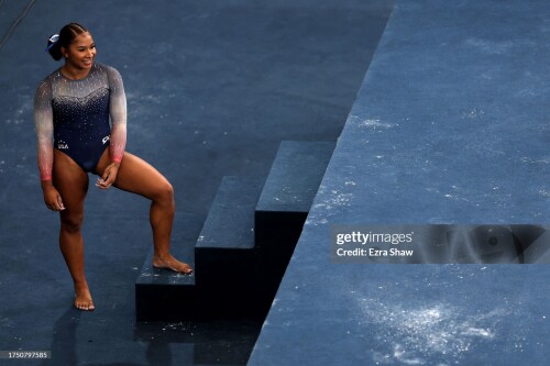 SANTIAGO, CHILE - OCTOBER 22: Jordan Chiles of Team United States waits to compete on the balance beam in the Women's Team Final at Parque Deportivo Estadio Nacional on Day 2 of the Santiago Pan Am Games 2023 on October 22, 2023 in Santiago, Chile. (Photo by Ezra Shaw/Getty Images)