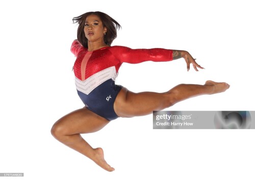 LOS ANGELES, CALIFORNIA - NOVEMBER 16: Gymnast Jordan Chiles poses during the Team USA Paris 2024 Olympic Portrait Shoot at NBC Universal Studios Stage 16 on November 16, 2023 in Los Angeles, California. (Photo by Harry How/Getty Images)