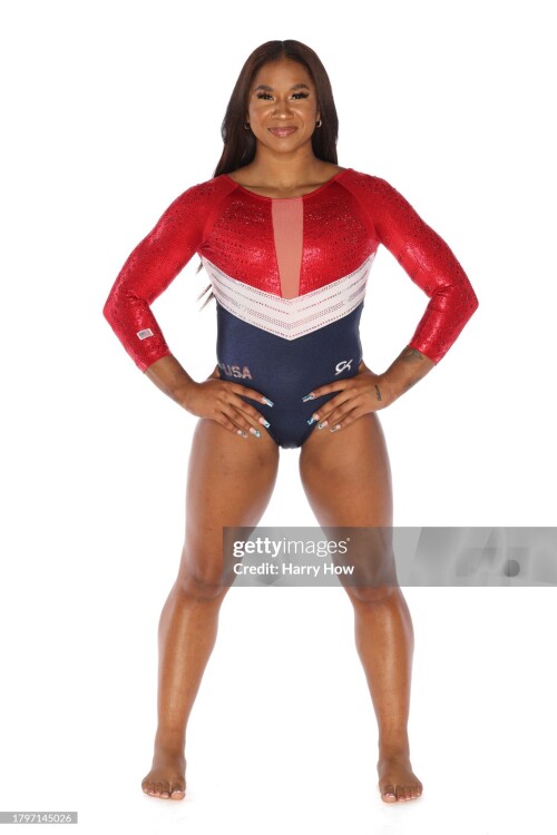 LOS ANGELES, CALIFORNIA - NOVEMBER 16: Gymnast Jordan Chiles poses during the Team USA Paris 2024 Olympic Portrait Shoot at NBC Universal Studios Stage 16 on November 16, 2023 in Los Angeles, California. (Photo by Harry How/Getty Images)