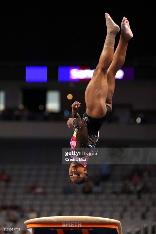 FORT WORTH, TEXAS - MAY 31: Jordan Chiles competes in the vault  during the 2024 Xfinity U.S. Gymnastics Championships at Dickies Arena on May 31, 2024 in Fort Worth, Texas. (Photo by Elsa/Getty Images)