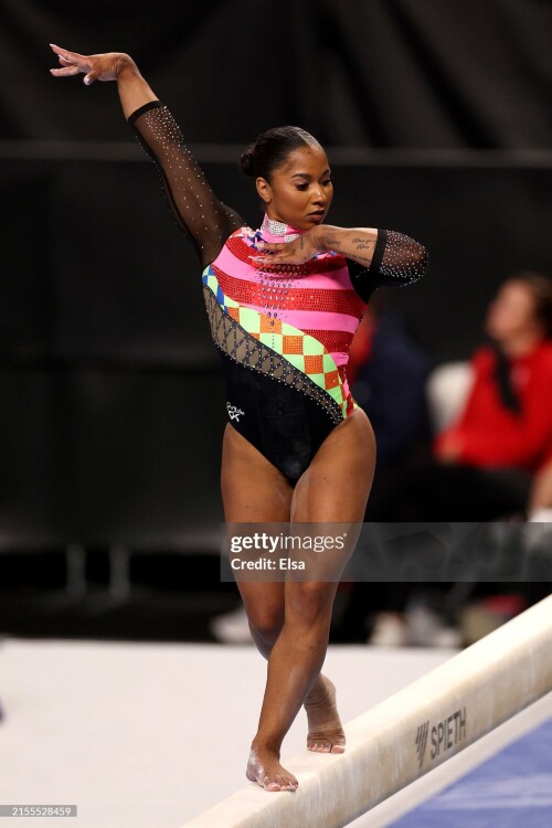 FORT WORTH, TEXAS - MAY 31: Jordan Chiles competes in the balance beam during the 2024 Xfinity U.S. Gymnastics Championships at Dickies Arena on May 31, 2024 in Fort Worth, Texas. (Photo by Elsa/Getty Images)