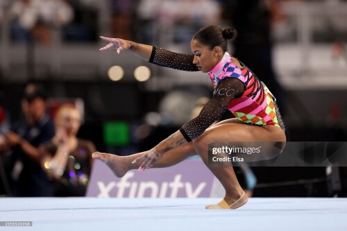 FORT WORTH, TEXAS - MAY 31: Jordan Chiles competes in the floor exercise during the 2024 Xfinity U.S. Gymnastics Championships at Dickies Arena on May 31, 2024 in Fort Worth, Texas. (Photo by Elsa/Getty Images)