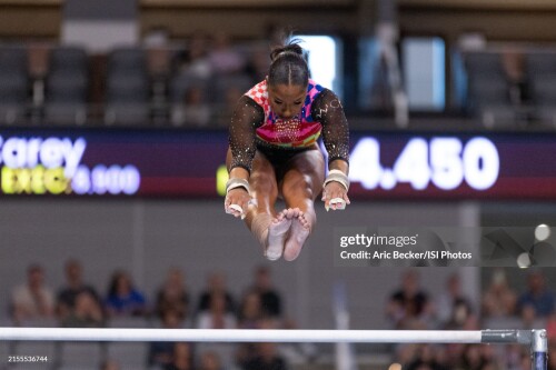 FORT WORTH, TEXAS - MAY 31: Jordan Chiles performs her bar routine during the 2024 Xfinity U.S. Gymnastics Championships at Dickies Arena on May 31, 2024 in Fort Worth, Texas.(Photo by Aric Becker/ISI Photos/Getty Images)