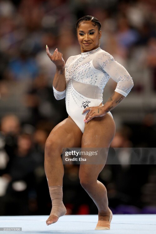 FORT WORTH, TEXAS - JUNE 02: Jordan Chiles competes in the floor exercise during the 2024 Xfinity U.S. Gymnastics Championships at Dickies Arena on June 02, 2024 in Fort Worth, Texas. (Photo by Elsa/Getty Images)