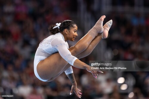 FORT WORTH, TEXAS - JUNE 02: Jordan Chiles performs her floor routine during the 2024 Xfinity U.S. Gymnastics Championships at Dickies Arena on June 2, 2024 in Fort Worth, Texas.(Photo by Aric Becker/ISI Photos/Getty Images)