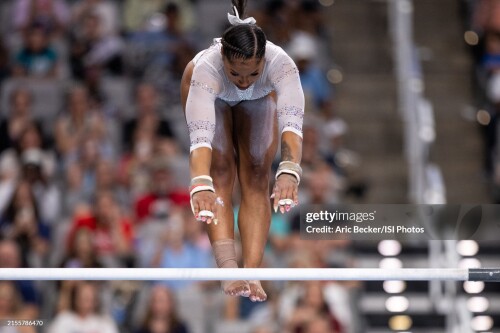 FORT WORTH, TEXAS - JUNE 02: Jordan Chiles performs her uneven bar routine during the 2024 Xfinity U.S. Gymnastics Championships at Dickies Arena on June 2, 2024 in Fort Worth, Texas.(Photo by Aric Becker/ISI Photos/Getty Images)