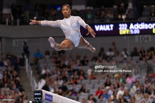FORT WORTH, TEXAS - JUNE 02: Jordan Chiles performs her beam routine during the 2024 Xfinity U.S. Gymnastics Championships at Dickies Arena on June 2, 2024 in Fort Worth, Texas.(Photo by Aric Becker/ISI Photos/Getty Images)