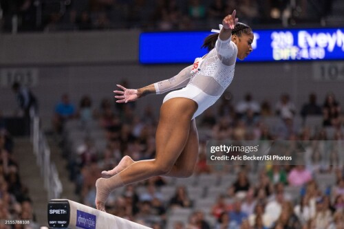 FORT WORTH, TEXAS - JUNE 02: Jordan Chiles performs her beam routine during the 2024 Xfinity U.S. Gymnastics Championships at Dickies Arena on June 2, 2024 in Fort Worth, Texas.(Photo by Aric Becker/ISI Photos/Getty Images)