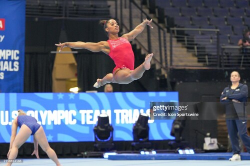 MINNEAPOLIS, MN - JUNE 26: Jordan Chiles practices in the floor exercise area at the Women's U.S. Olympic Gymnastics Team Trials podium training session on June 26, 2024 at Target Center in Minneapolis, MN. (Photo by Matt Blewett/Icon Sportswire via Getty Images)