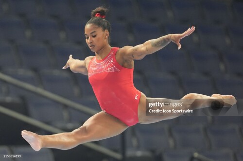 MINNEAPOLIS, MN - JUNE 26: Jordan Chiles practices on the balance beam in the Women's U.S. Olympic Gymnastics Team Trials podium training session on June 26, 2024 at Target Center in Minneapolis, MN. (Photo by Matt Blewett/Icon Sportswire via Getty Images)