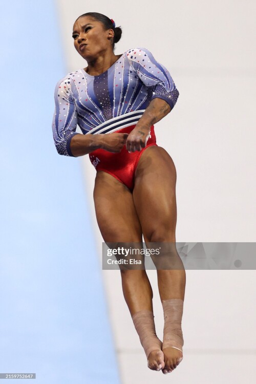 MINNEAPOLIS, MINNESOTA - JUNE 28: Jordan Chiles competes in the vault routine on Day Two of the 2024 U.S. Olympic Team Gymnastics Trials at Target Center on June 28, 2024 in Minneapolis, Minnesota. (Photo by Elsa/Getty Images)