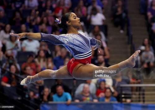 MINNEAPOLIS, MINNESOTA - JUNE 28:  Jordan Chiles competes in the floor exercise on Day Two of the 2024 U.S. Olympic Team Gymnastics Trials at Target Center on June 28, 2024 in Minneapolis, Minnesota. (Photo by Elsa/Getty Images)