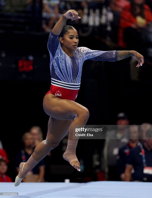MINNEAPOLIS, MINNESOTA - JUNE 28:  Jordan Chiles competes in the floor exercise on Day Two of the 2024 U.S. Olympic Team Gymnastics Trials at Target Center on June 28, 2024 in Minneapolis, Minnesota. (Photo by Elsa/Getty Images)