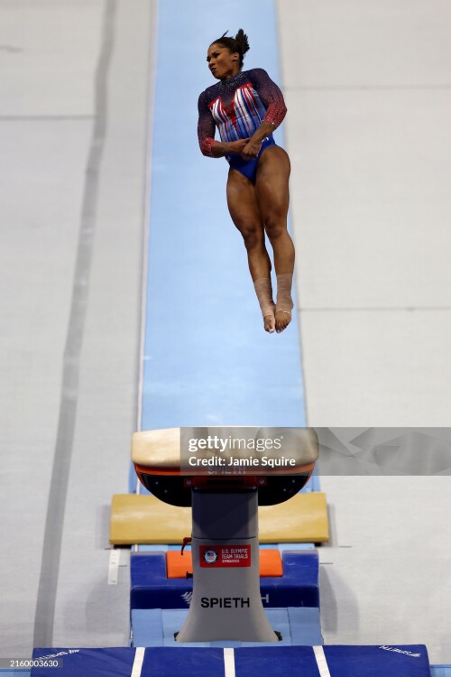 MINNEAPOLIS, MINNESOTA - JUNE 30: Jordan Chiles competes on the vault on Day Four of the 2024 U.S. Olympic Team Gymnastics Trials at Target Center on June 30, 2024 in Minneapolis, Minnesota. (Photo by Jamie Squire/Getty Images)