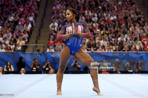 MINNEAPOLIS, MINNESOTA - JUNE 30: Jordan Chiles competes in the floor exercise on Day Four of the 2024 U.S. Olympic Team Gymnastics Trials at Target Center on June 30, 2024 in Minneapolis, Minnesota. (Photo by Jamie Squire/Getty Images)