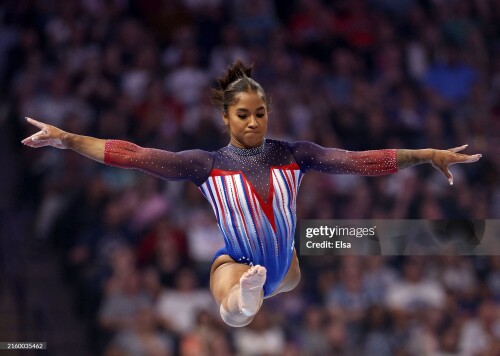 MINNEAPOLIS, MINNESOTA - JUNE 30:  Jordan Chiles competes on the balance beam on Day Four of the 2024 U.S. Olympic Team Gymnastics Trials at Target Center on June 30, 2024 in Minneapolis, Minnesota. (Photo by Elsa/Getty Images)