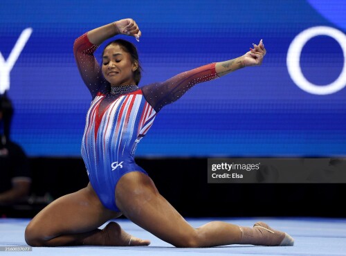 MINNEAPOLIS, MINNESOTA - JUNE 30:  Jordan Chiles reacts after her floor exercise routine on Day Four of the 2024 U.S. Olympic Team Gymnastics Trials at Target Center on June 30, 2024 in Minneapolis, Minnesota. (Photo by Elsa/Getty Images)