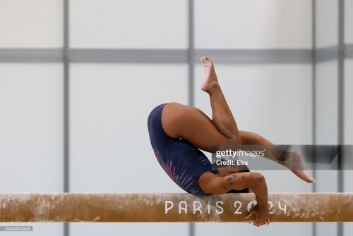 PARIS, FRANCE - JULY 24: Jordan Chiles of the USA practices on the beam during a training session at the Paris-Le Bourget Exhibition Center on July 24, 2024 in Paris, France. (Photo by Elsa/Getty Images)